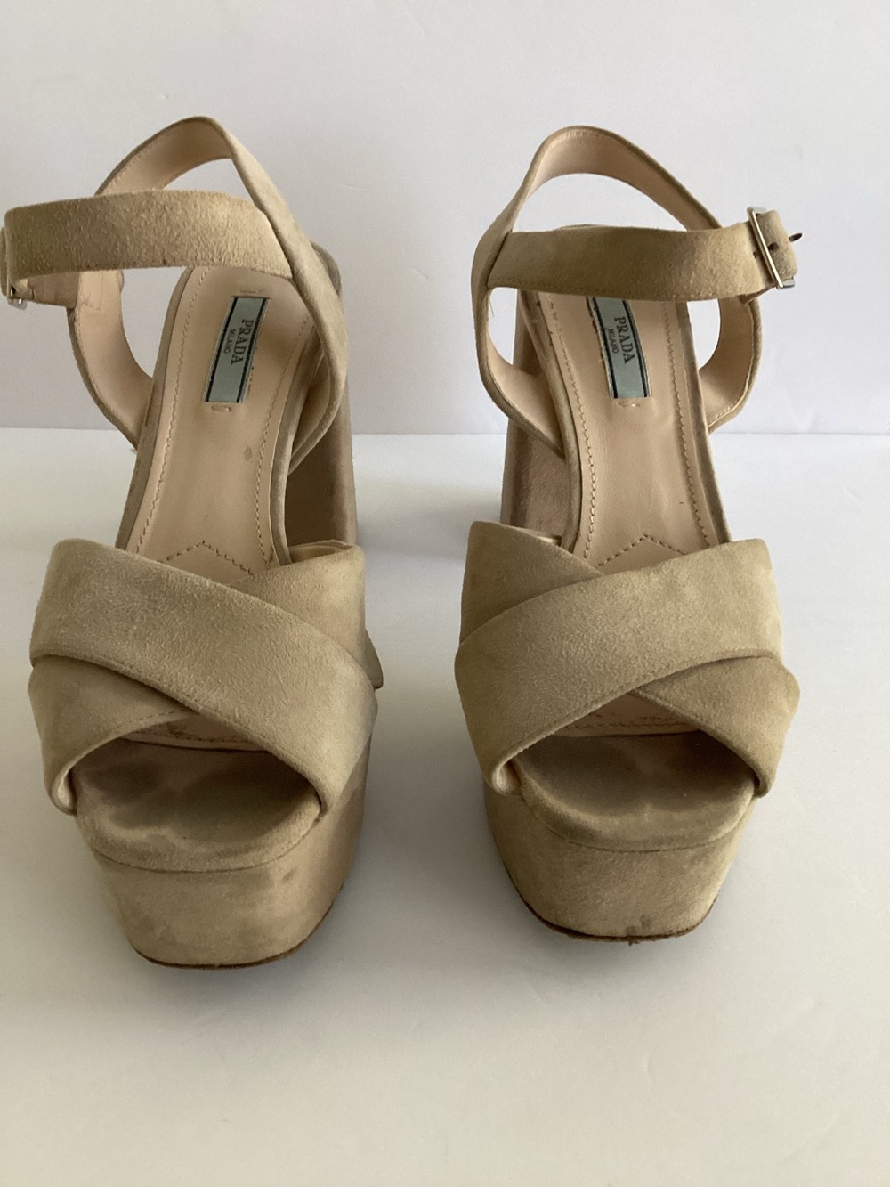 Prada Suede Platform Sandals Womens 38 Tan Beige